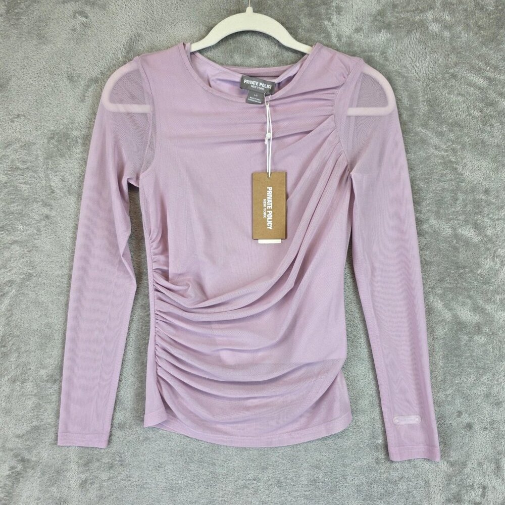 Private Policy Shirt Womens L Purple Mesh Ruched Long Sleeve Draped Lined Top